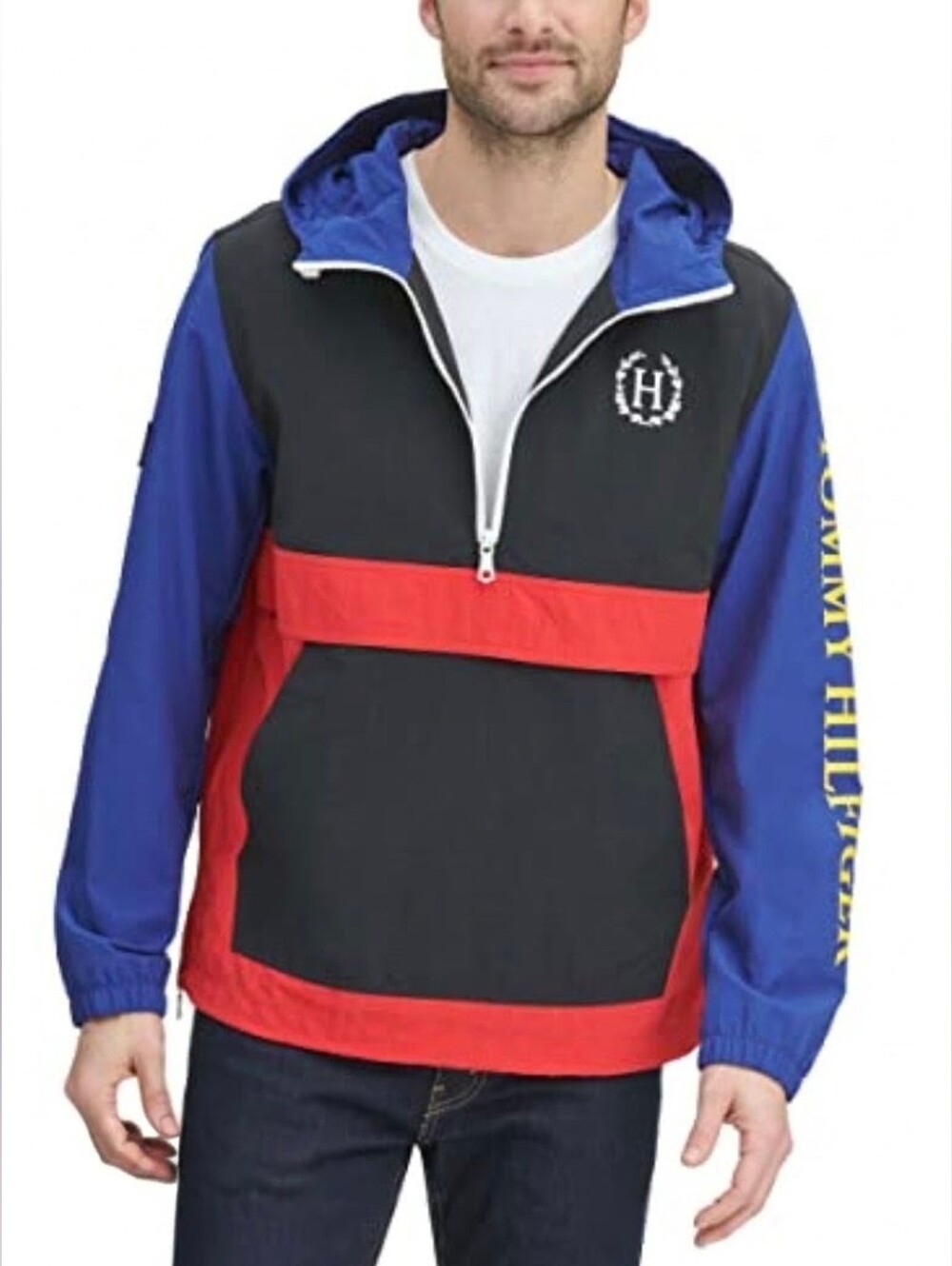 Tommy Hilfiger Men's Multicolor Water-Resistant Half Zip Hooded Jacket Medium